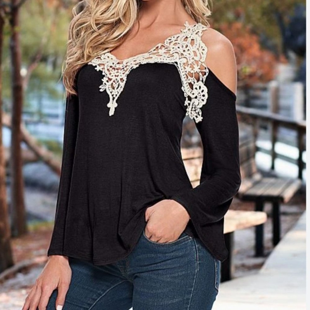 VENUS Cold Shoulder  V neck Crochet  Bell Sleeve Top